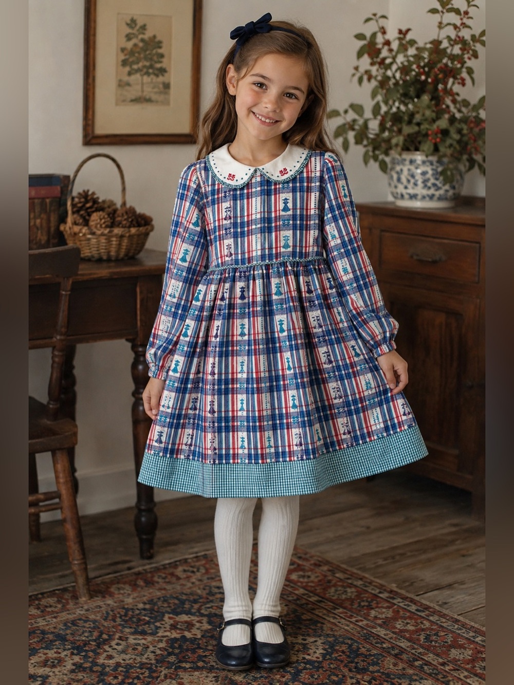 Vintage Gymboree Girls Plaid Cotton Dress XL Peter Pan Collar Cottagecore